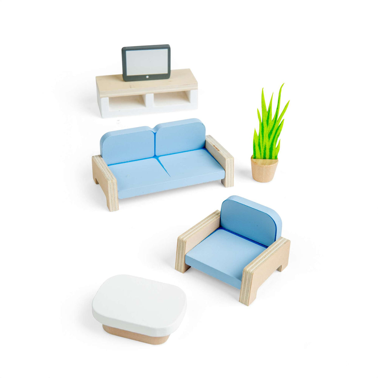 Living Room Set- Wooden Dolls House Furniture with Sofa, TV & Chair