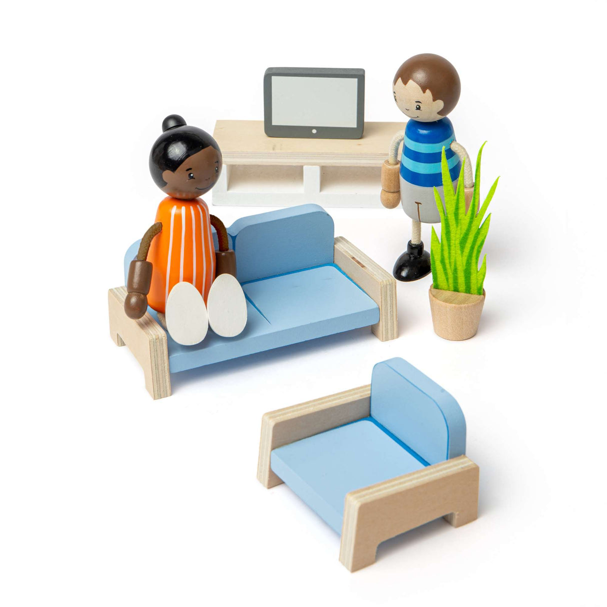 Living Room Set- Wooden Dolls House Furniture with Sofa, TV & Chair