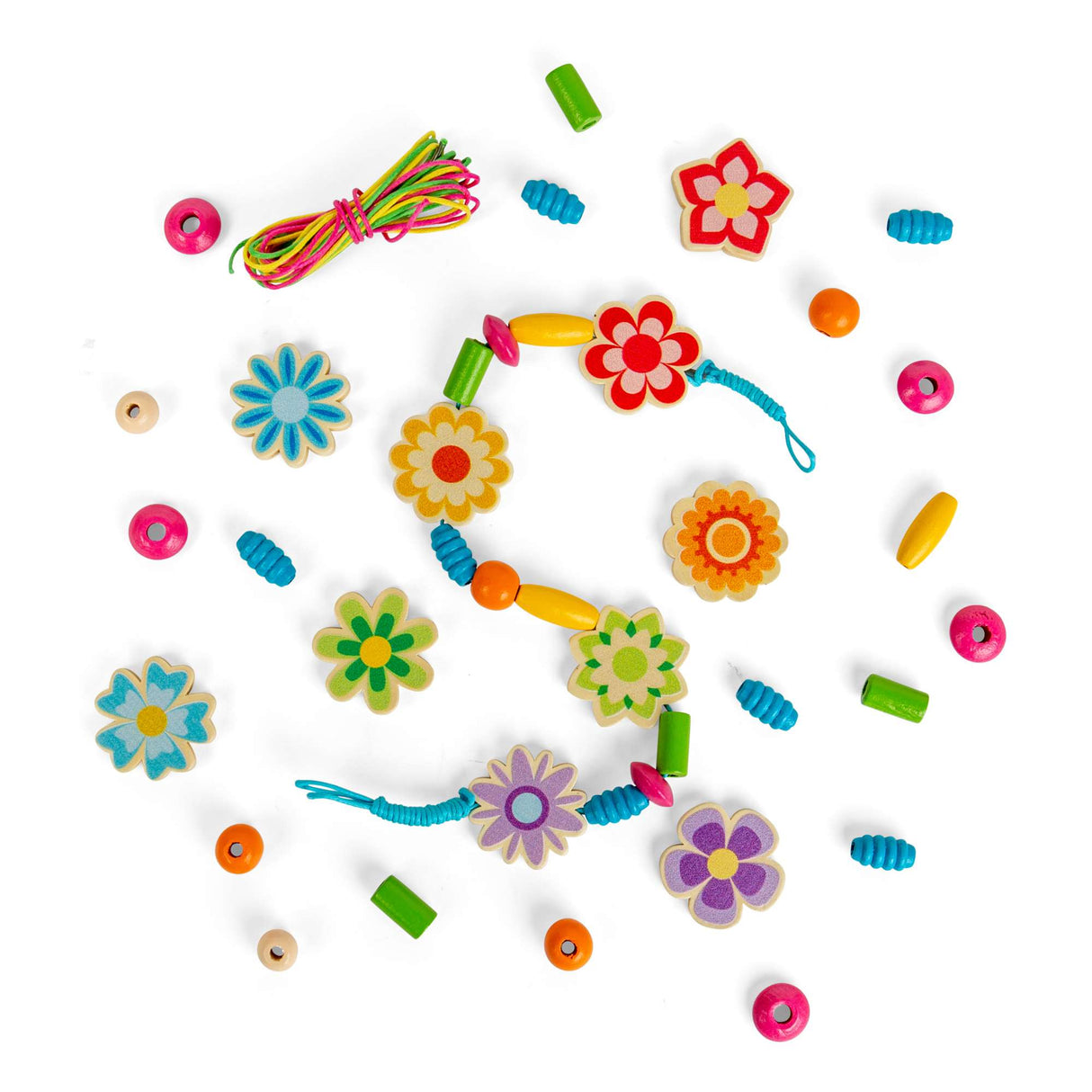 Bigjigs Toys Summer Flowers Jewellery Set- Kids Wooden Bead Bracelet Making Kit