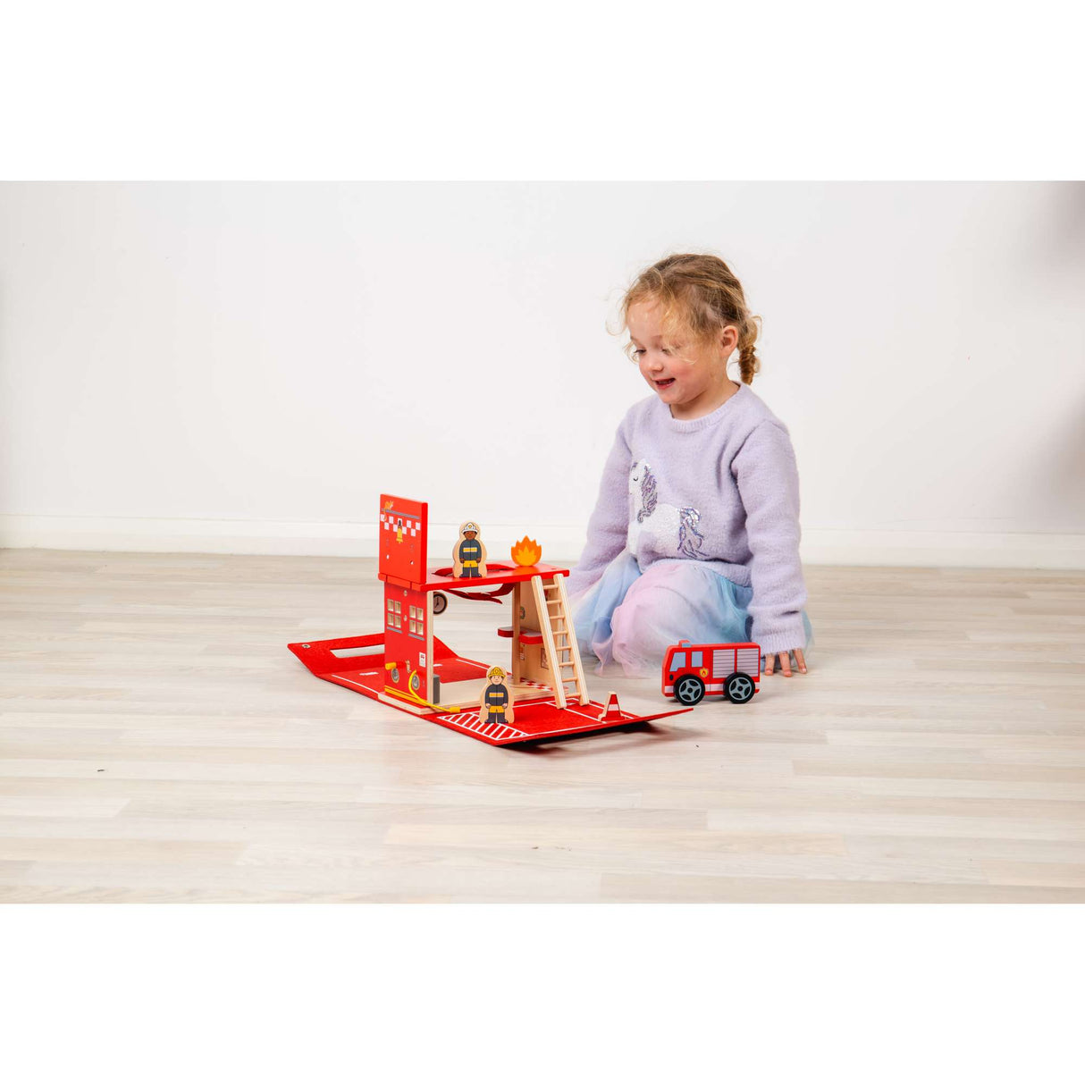 Bigjigs Toys Fire Station On The Go- Kids' Portable Wooden Playset, Travel Box