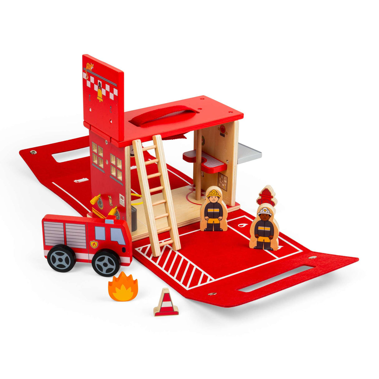 Bigjigs Toys Fire Station On The Go- Kids' Portable Wooden Playset, Travel Box