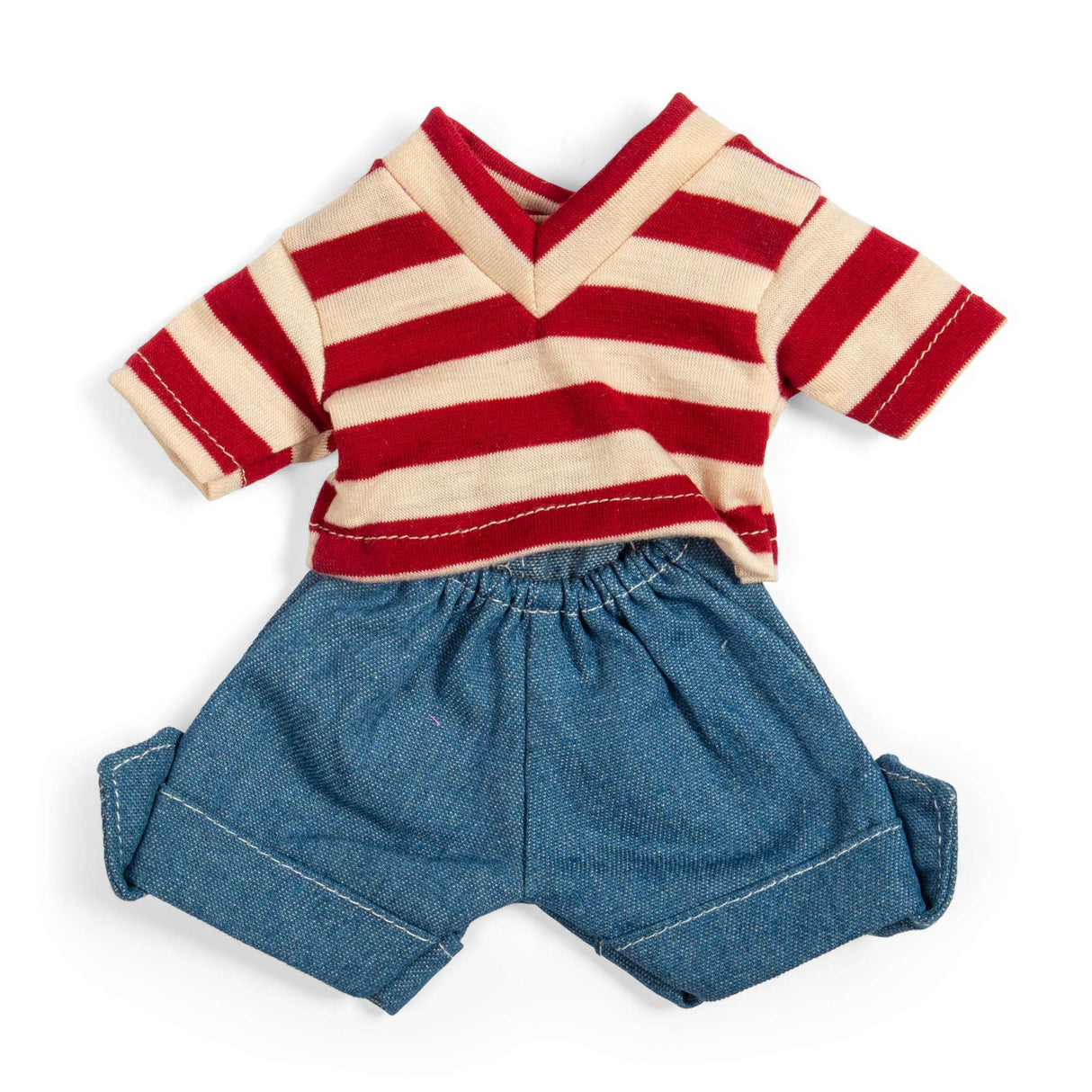 Bigjigs Toys Denim Shorts And Red Striped Top -Small- Kids' Soft Dolls Clothes