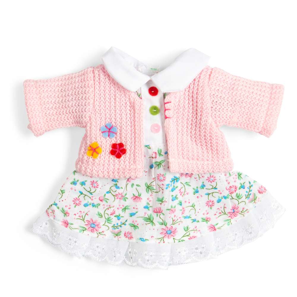 Floral Pink Doll Dress & Cardigan (Small) - Clothes For Soft Dolls