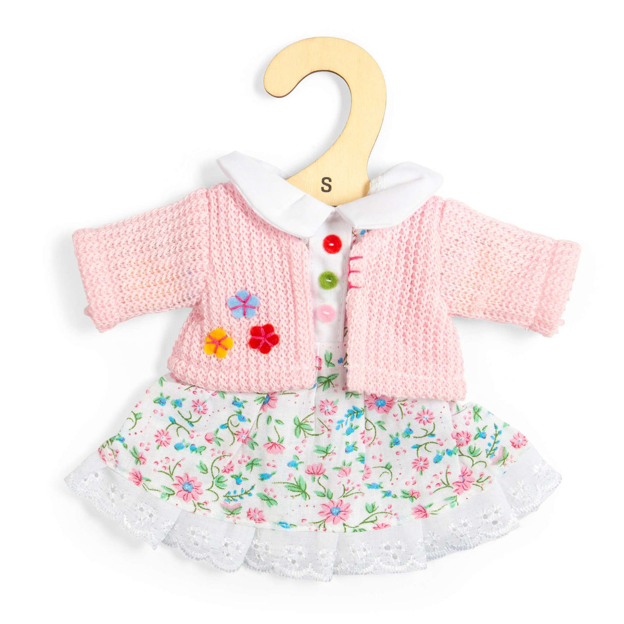 Floral Pink Doll Dress & Cardigan (Small) - Clothes For Soft Dolls