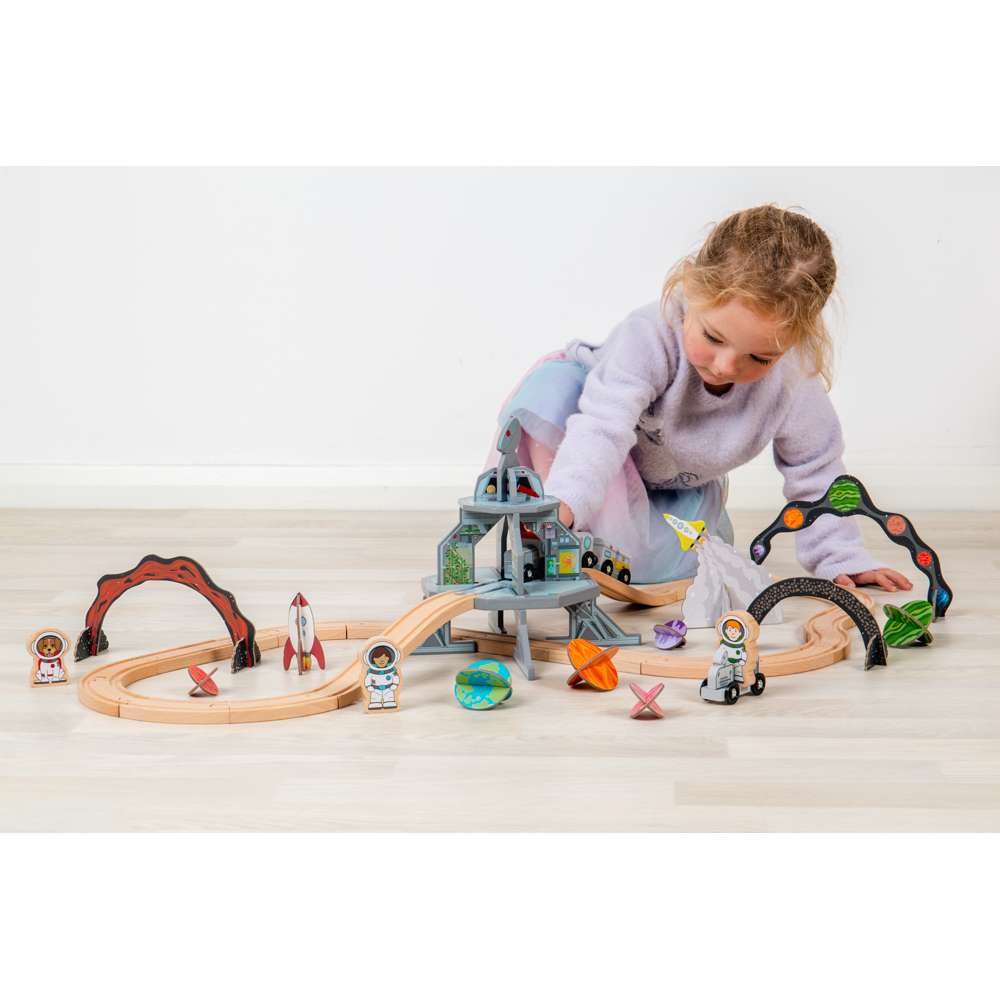 Space Train Set Kids Wooden Toy Railway 40 Pcs Themed Playset