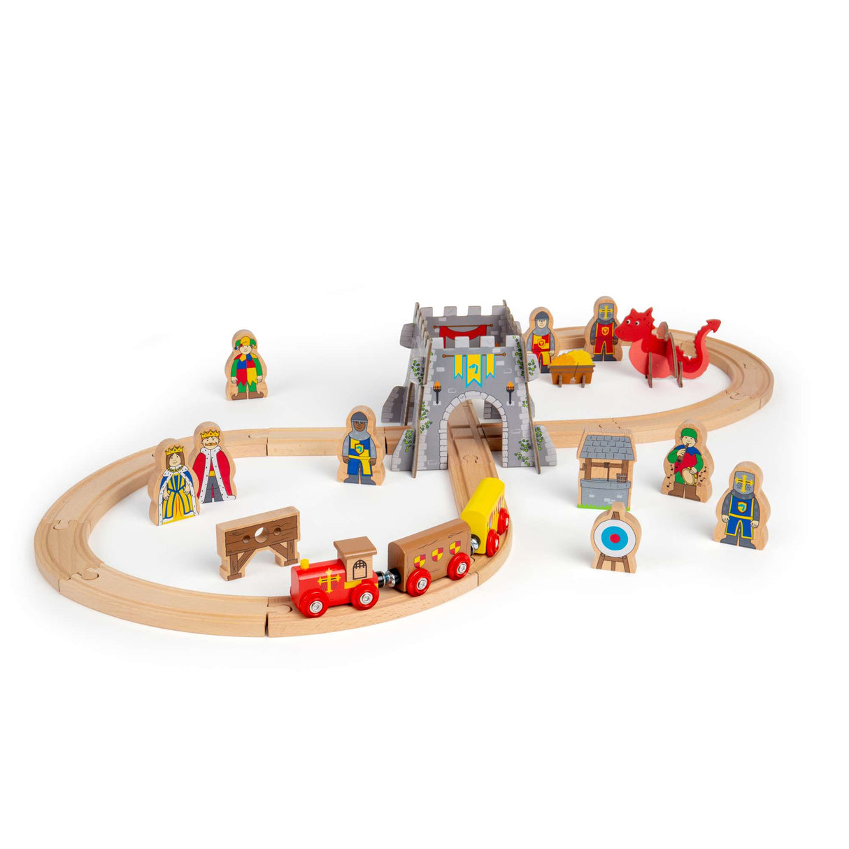 Medieval Train Set - 33 Pcs Wooden Railway Set, Rail Toys For Kids