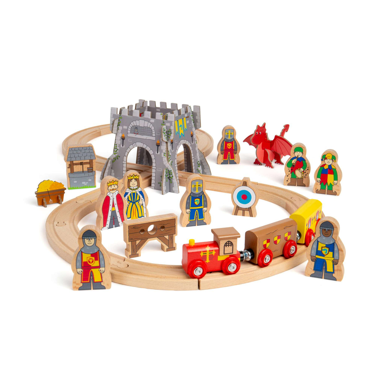 Medieval Train Set - 33 Pcs Wooden Railway Set, Rail Toys For Kids