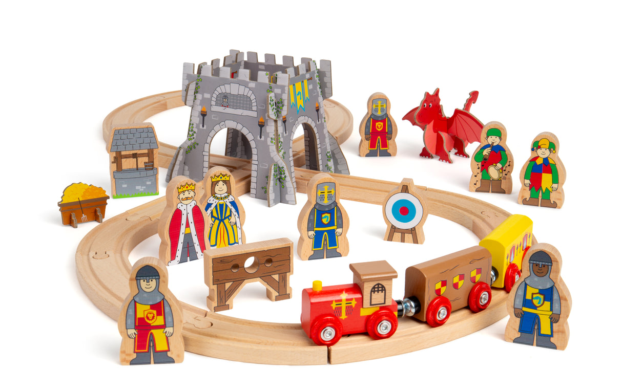 Medieval Train Set - 33 Pcs Wooden Railway Set, Rail Toys For Kids
