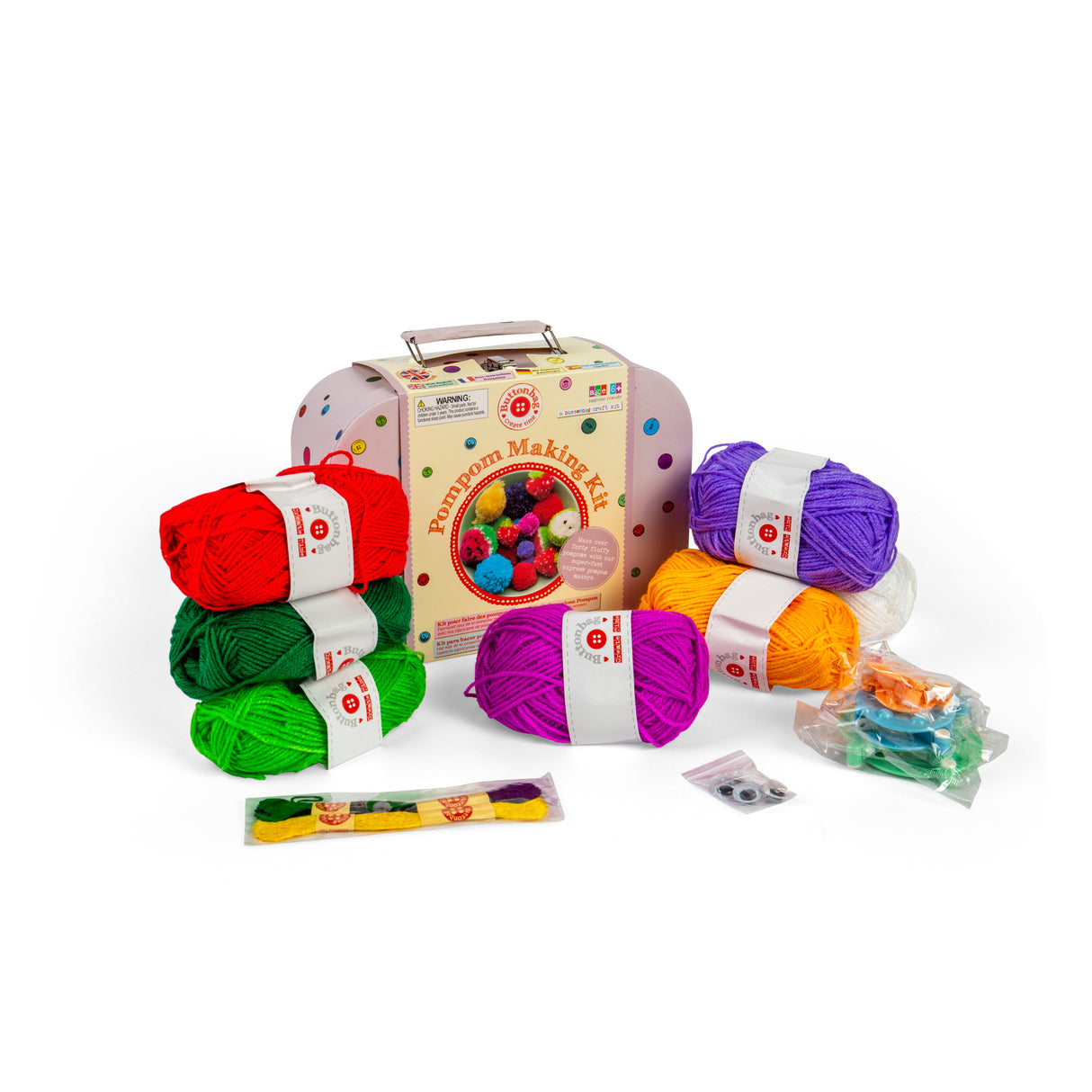 Buttonbag Pompom Suitcase Kit: Fluffy Yarn Pom Pom Makers for Children