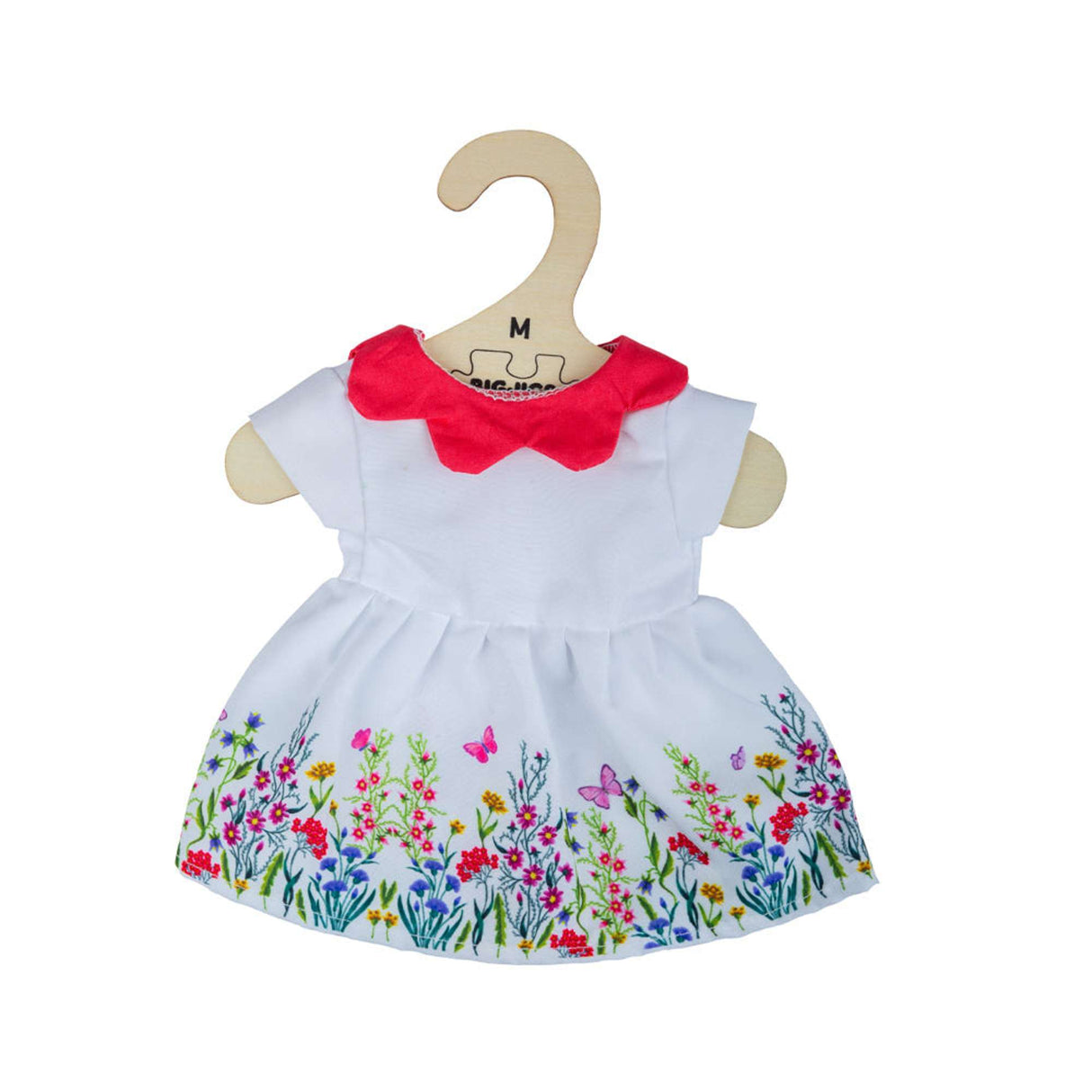 White floral dress with red collar (for Size Medium Doll)