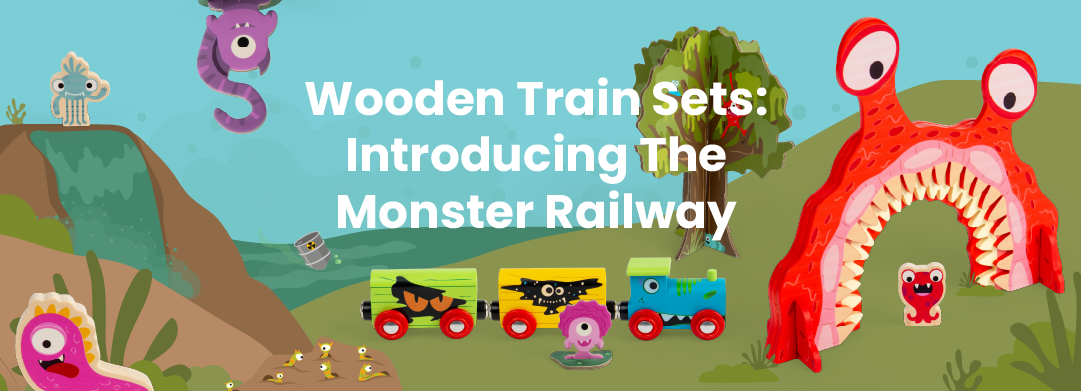 Wooden Train Sets: Introducing The Monster Railway blog banner with wooden monster train and figures.
