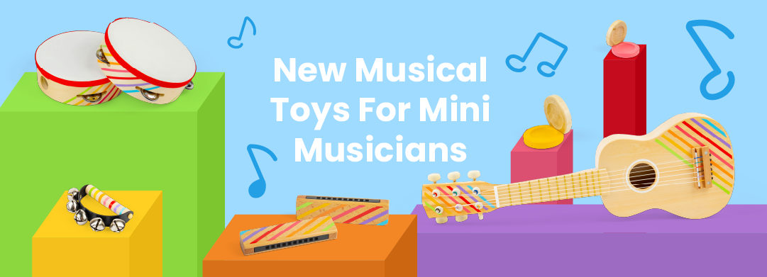 New Musical Toys for Mini Musicians Blog Banner with harmonica, castanets, handbells, tambourines and guitar toys