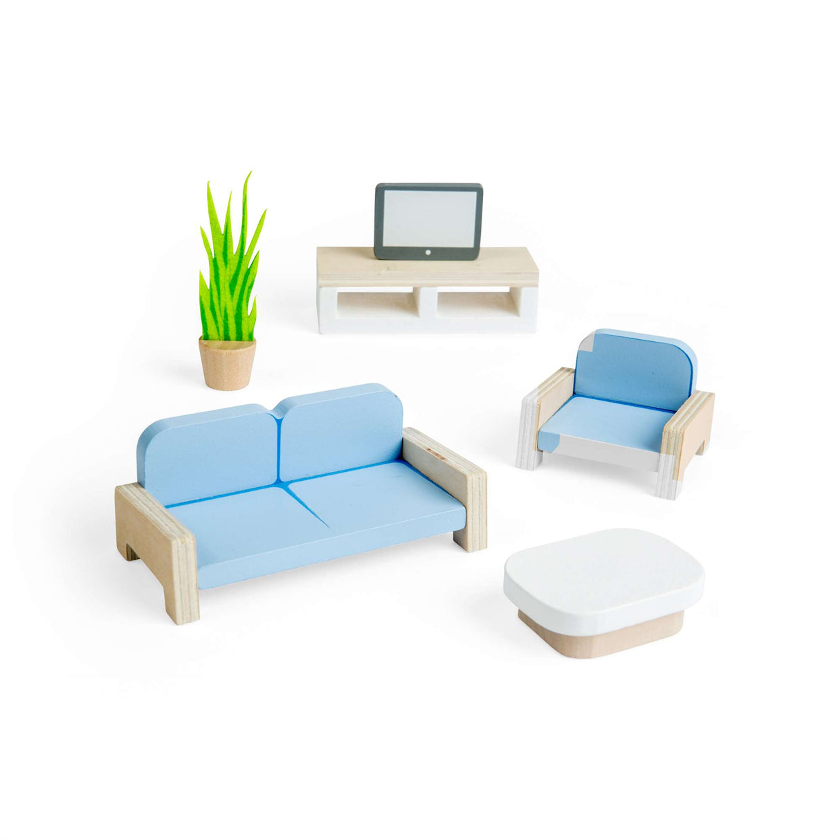 Living Room Set- Wooden Dolls House Furniture with Sofa, TV & Chair