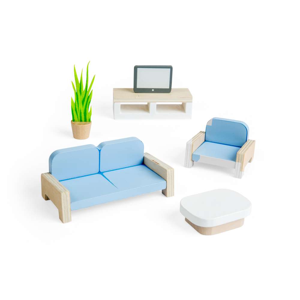 Living Room Set- Wooden Dolls House Furniture with Sofa, TV & Chair