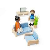 Living Room Set- Wooden Dolls House Furniture with Sofa, TV & Chair
