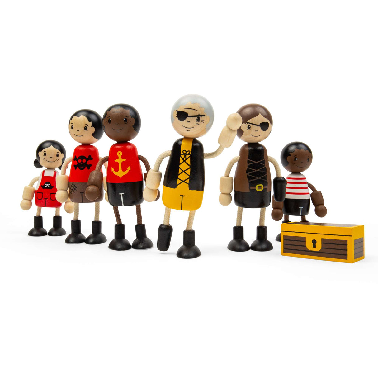 Pirate Dolls - 6 Wooden Pirates Doll Set with Mini Treasure Chest