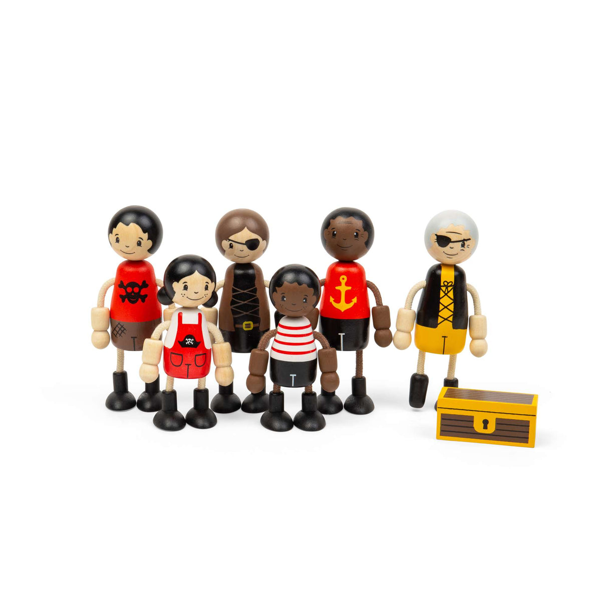 Pirate Dolls - 6 Wooden Pirates Doll Set with Mini Treasure Chest