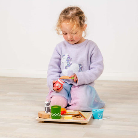 Breakfast in Bed Tray - Wooden Play Food Set, 28 Pcs Kids Playset
