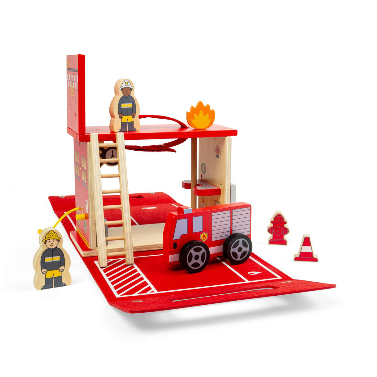 Bigjigs Toys Fire Station On The Go- Kids' Portable Wooden Playset, Travel Box