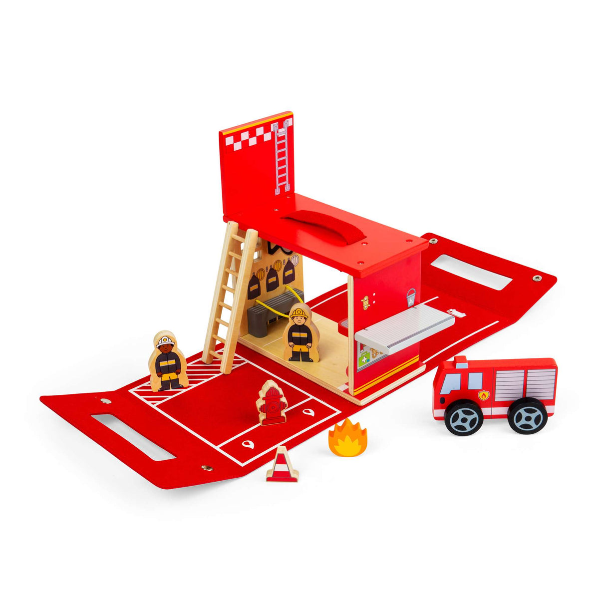 Bigjigs Toys Fire Station On The Go- Kids' Portable Wooden Playset, Travel Box