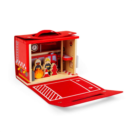 Bigjigs Toys Fire Station On The Go- Kids' Portable Wooden Playset, Travel Box