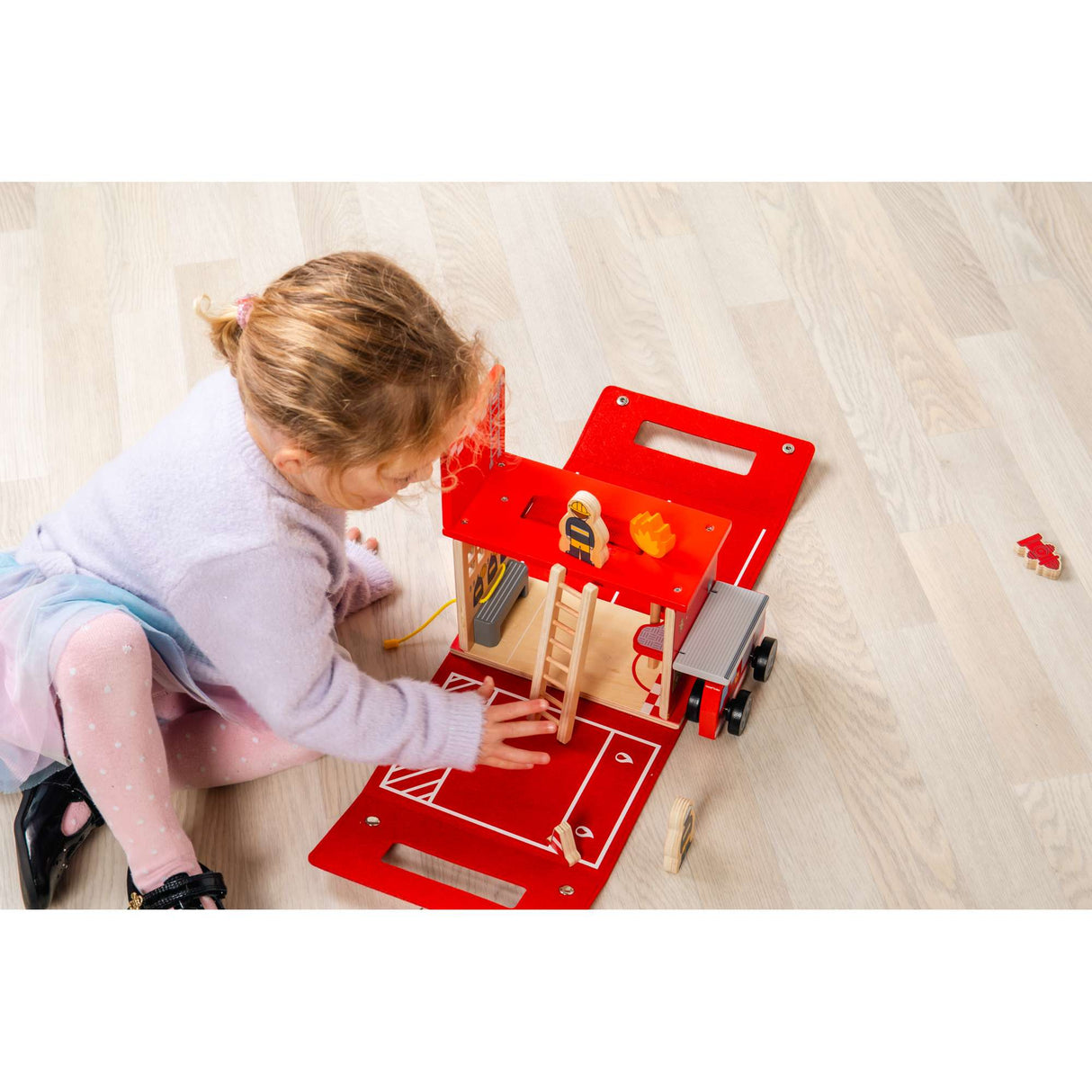 Bigjigs Toys Fire Station On The Go- Kids' Portable Wooden Playset, Travel Box