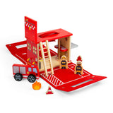 Bigjigs Toys Fire Station On The Go- Kids' Portable Wooden Playset, Travel Box