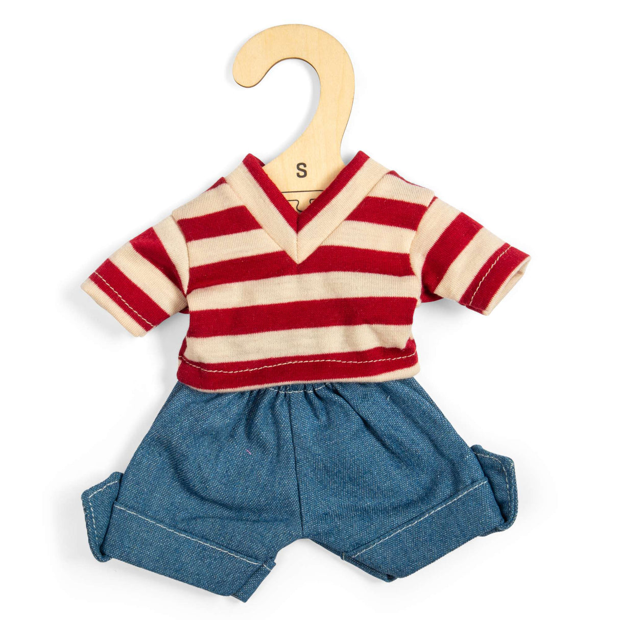 Bigjigs Toys Denim Shorts And Red Striped Top -Small- Kids' Soft Dolls Clothes