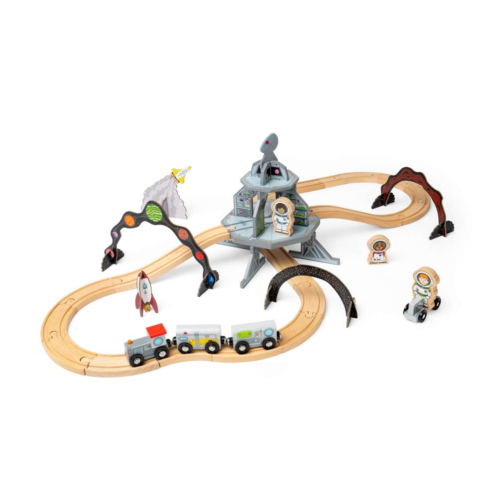Space Train Set Kids Wooden Toy Railway 40 Pcs Themed Playset