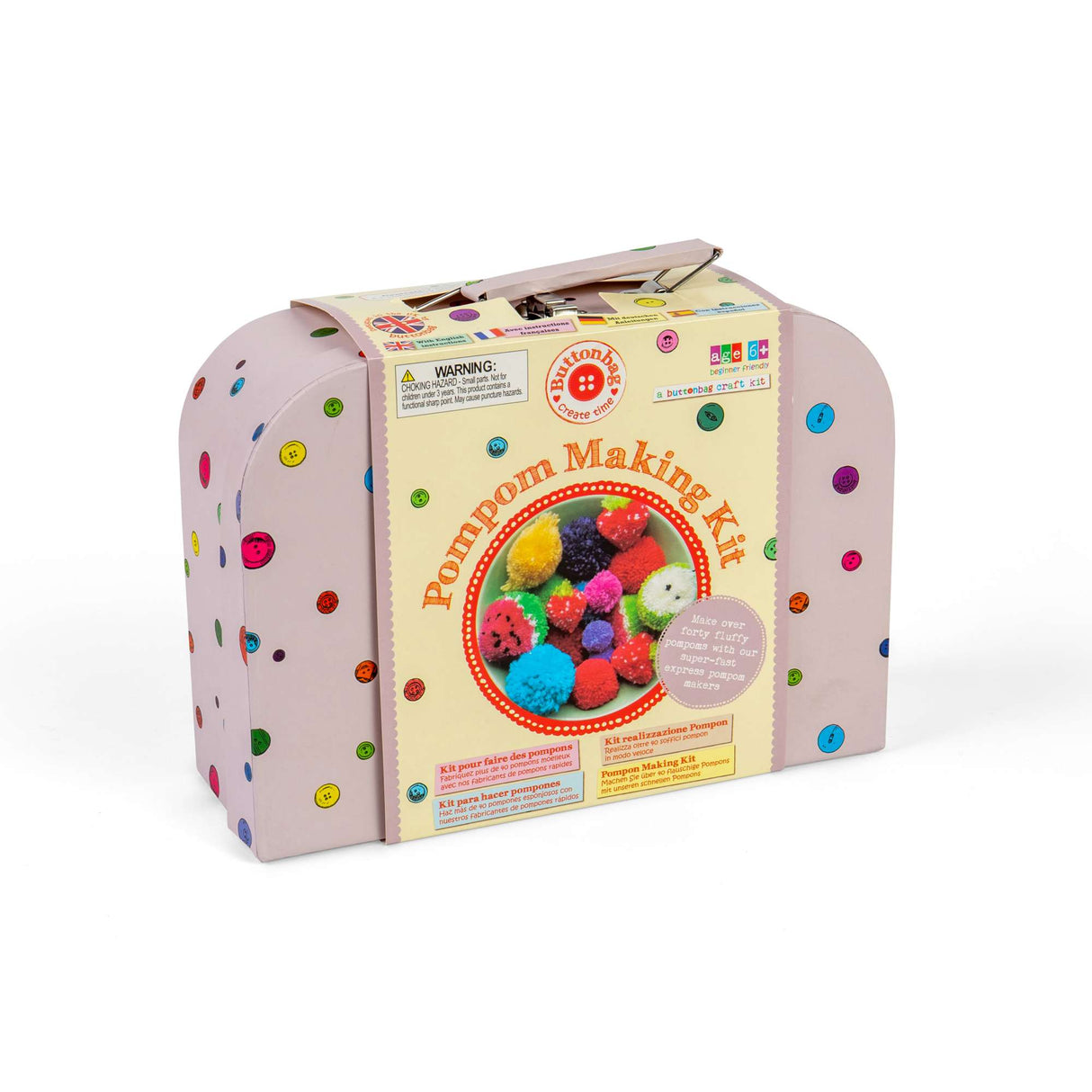 Buttonbag Pompom Suitcase Kit: Fluffy Yarn Pom Pom Makers for Children