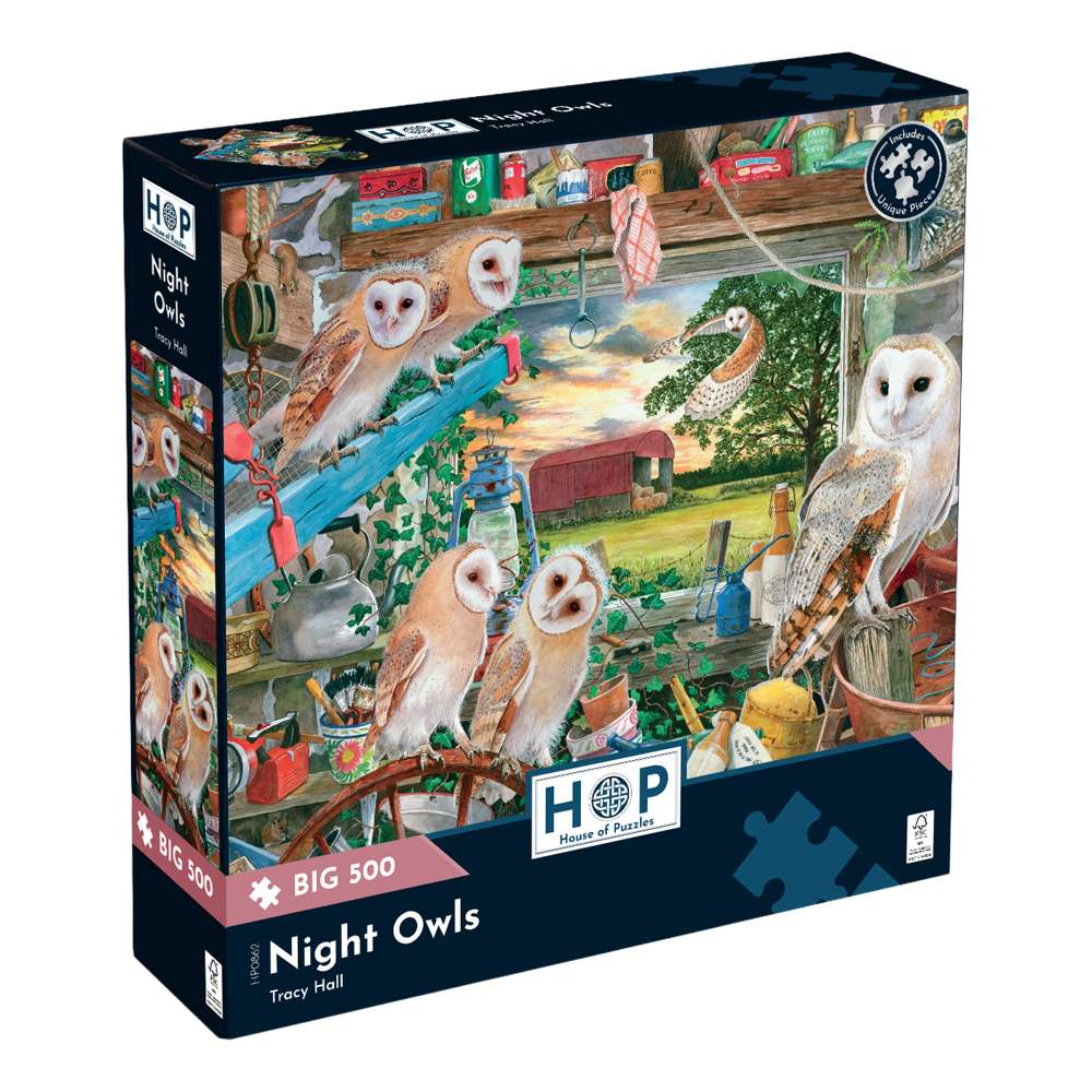 The House of Puzzles Night Owls BIG 500 Jigsaw Puzzle- Barn Owl Animal Jigsaws