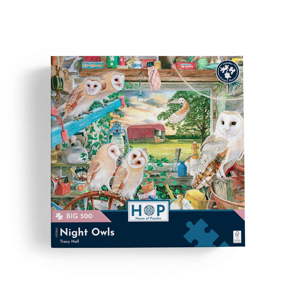 The House of Puzzles Night Owls BIG 500 Jigsaw Puzzle- Barn Owl Animal Jigsaws